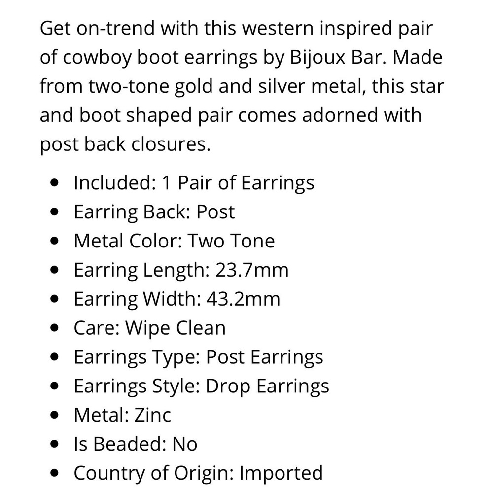Bijoux Bar Cowboy Boot Star Earrings Two Tone Gold Silver Western Drop - Picture 3 of 5